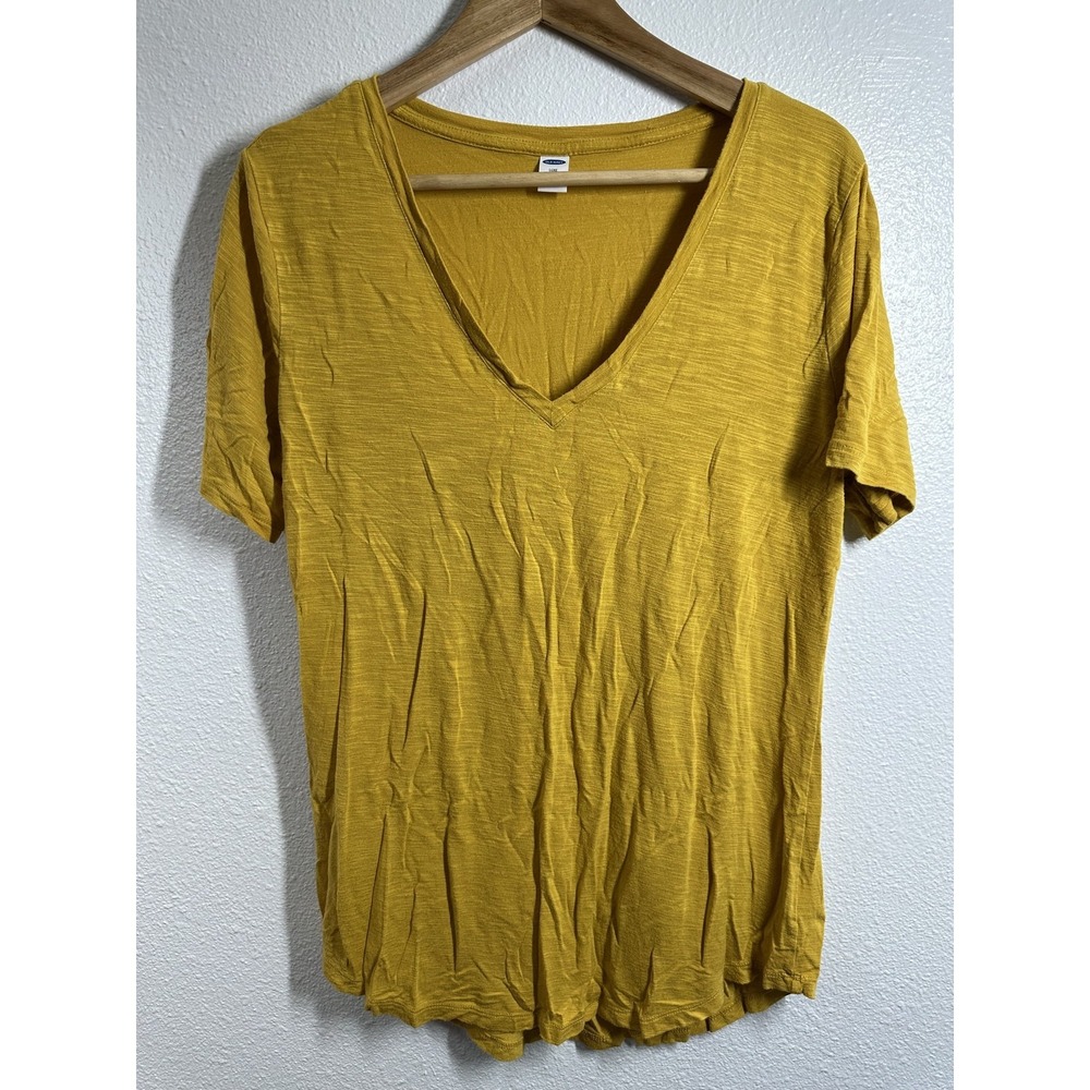 Old Navy Shirt Womens Medium Tall Yellow Luxe V Neck‎ Short Sleeve Soft Top